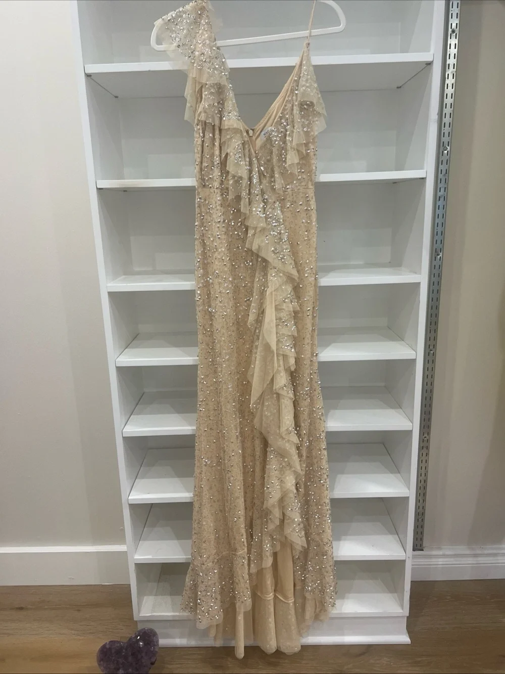Mac Duggal Champagne Sequin Ruffle Slip